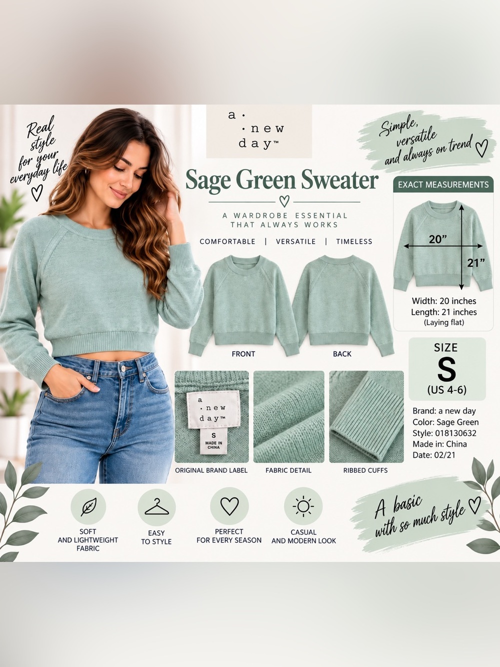 A New Day Womens Green Knit Pullover Sweater Crew Neck Raglan Long Sleeve S